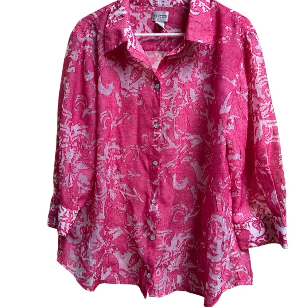 Chico’s Pink Sheer Floral Button-Up Blouse Size 3 (Fits Like L)